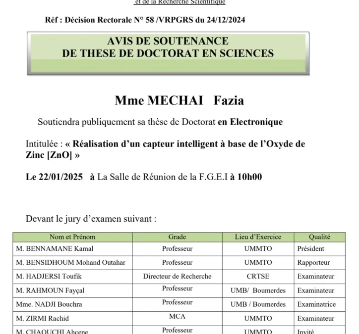 Avis de Soutenance de Thèse Doctorat en Sciences de Mme MECHAI Fazia