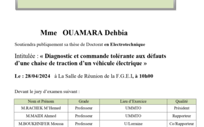 Avis de Soutenance de Thèse de Doctorat 3eme cycle LMD de Mme OUAMARA Dehbia