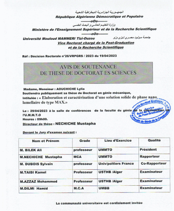 Avis de soutenance Mlle AOUCHICHE Lylia