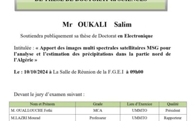 Avis de Soutenance de Thèse Doctorat en Sciences de Mr OUKALI Salim