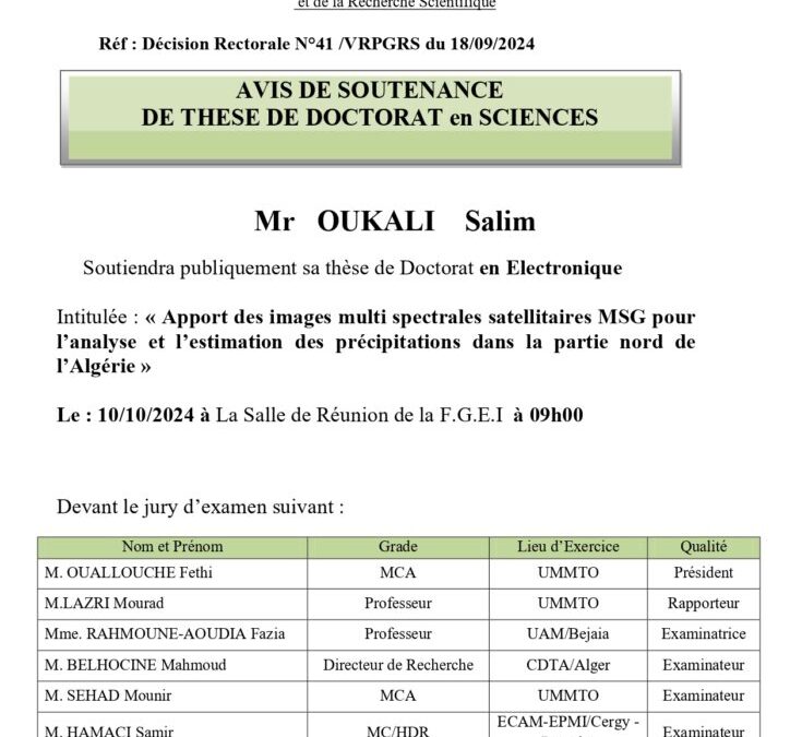 Avis de Soutenance de Thèse Doctorat en Sciences de Mr OUKALI Salim