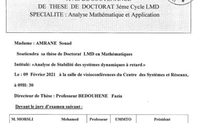 Avis de soutenance de thèse de Doctorat en Mathématique par Mlle AMRANE Souad