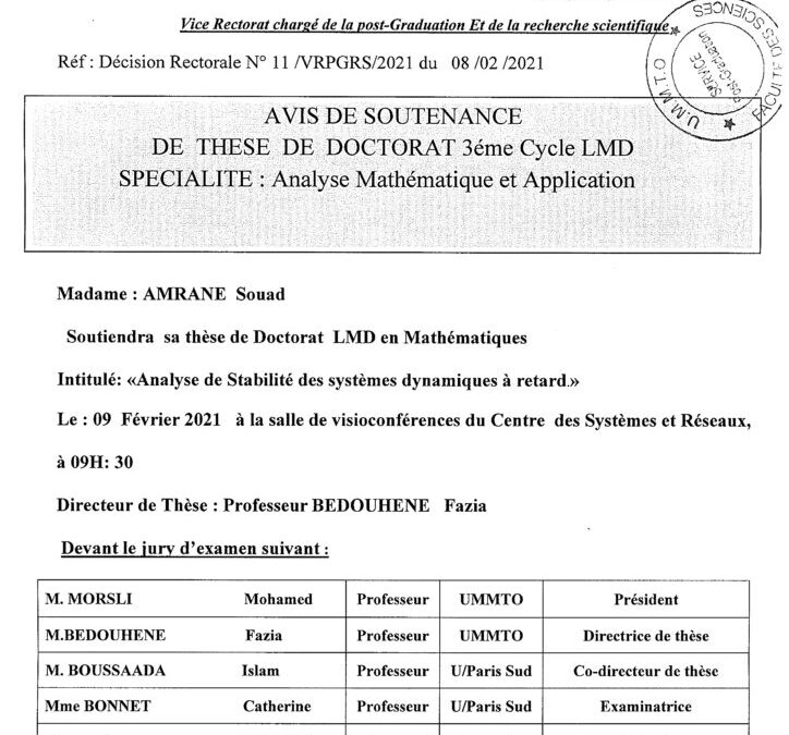 Avis de soutenance de thèse de Doctorat en Mathématique par Mlle AMRANE Souad