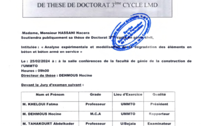Avis de Soutenance de Thèse de Doctorat 3eme cycle LMD de Mme HASSANI Nacera