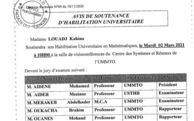 Avis de soutenance d’habilitation universitaire en Mathématiques par Mme LOUADJ Kahina