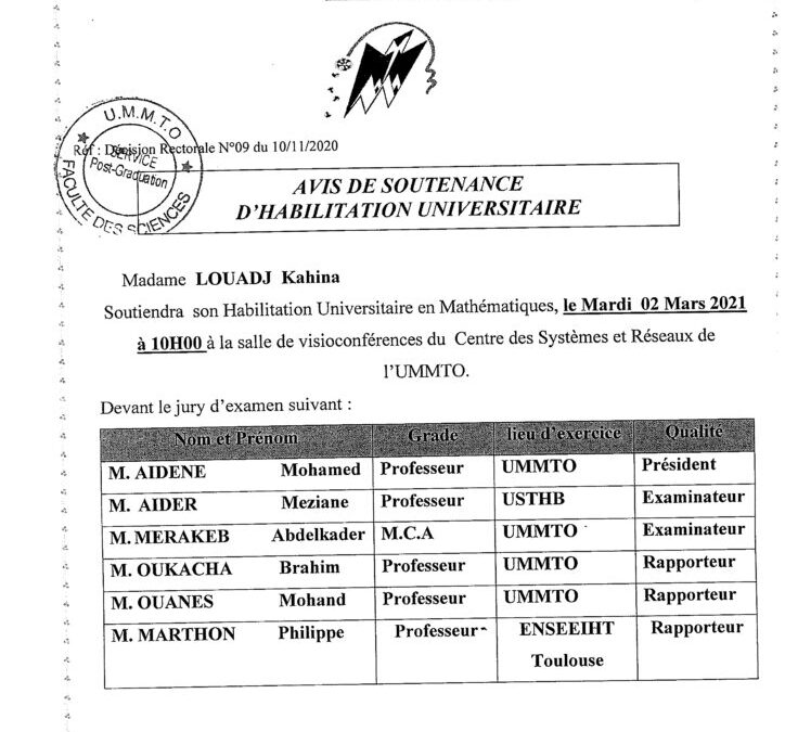 Avis de soutenance d’habilitation universitaire en Mathématiques par Mme LOUADJ Kahina
