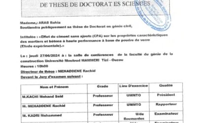 Avis de Soutenance de Thèse de Doctorat en Science de Mme ARAB Bahia