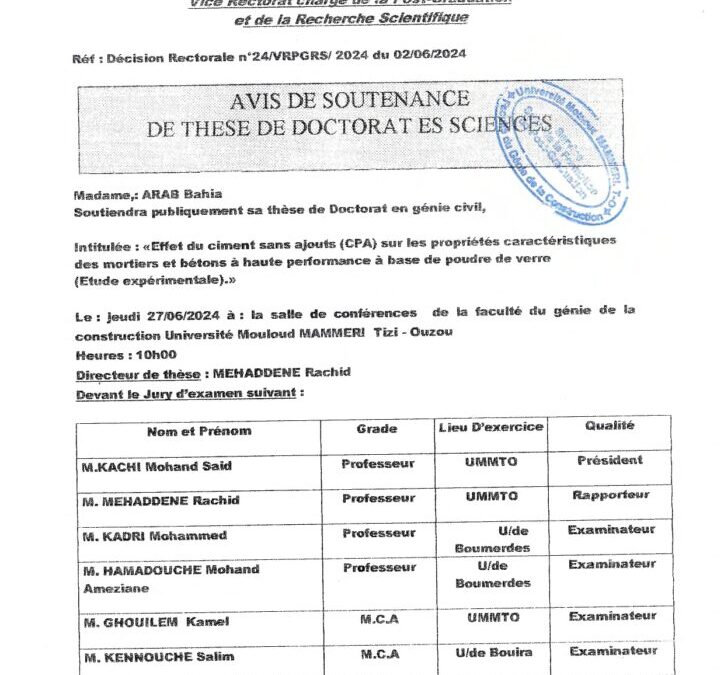 Avis de Soutenance de Thèse de Doctorat en Science de Mme ARAB Bahia