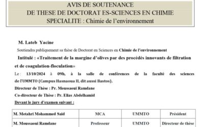Avis de Soutenance de Thèse Doctorat en Sciences de Mr LATEB Yacine