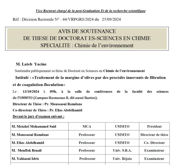 Avis de Soutenance de Thèse Doctorat en Sciences de Mr LATEB Yacine