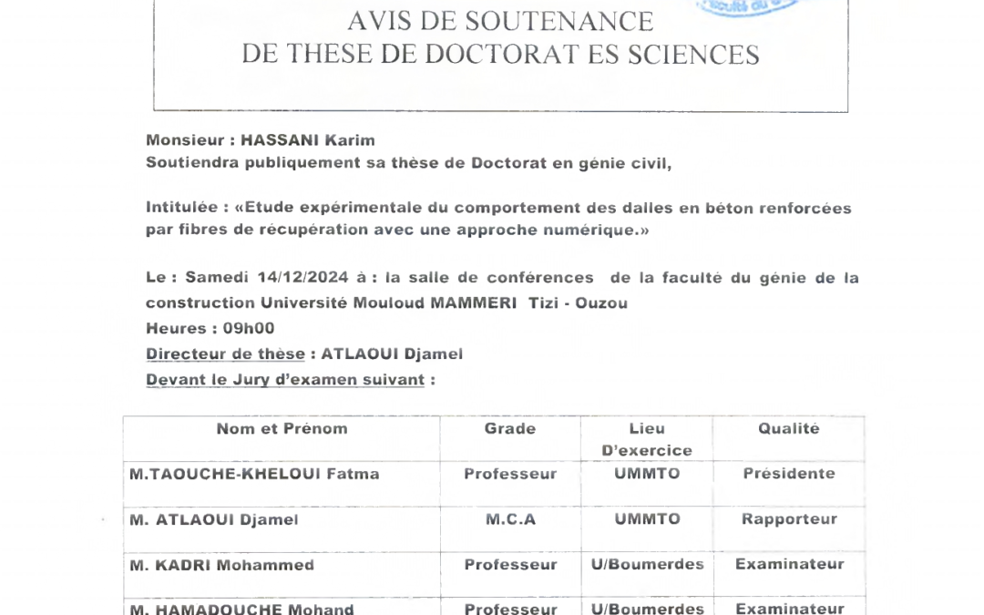 Avis de soutenance de Doctorat es Sciences de Mr HASSANI Karim