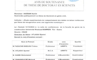 Avis de soutenance de Doctorat es Sciences de Mr HASSANI Karim