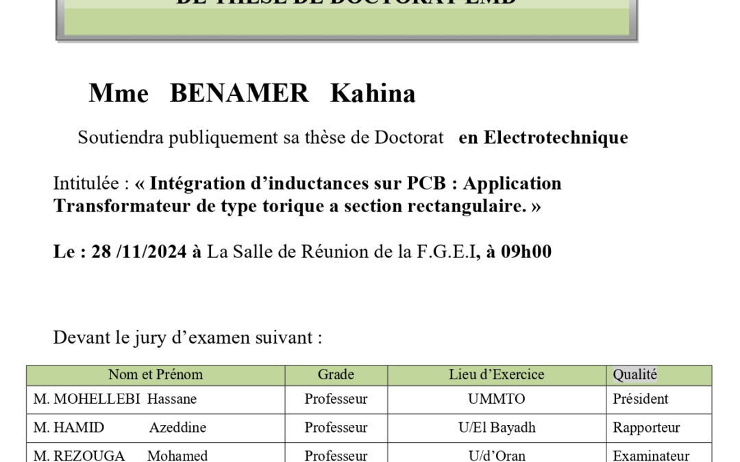 Avis de Soutenance de Thèse de Doctorat LMD Mme BENAMER Kahina