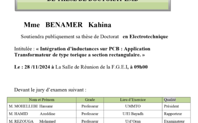 Avis de Soutenance de Thèse de Doctorat LMD Mme BENAMER Kahina