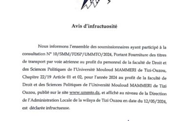 Avis d’Infructuosité Consultation N°10/SMM/FDSP/UMMTO/2024