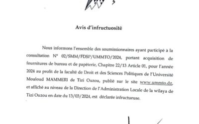 Avis d’Infructuosité Consultation N°02/SMM/FDSP/UMMTO/2024