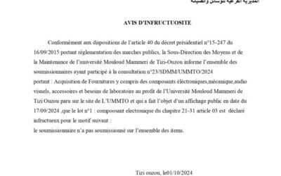 Avis d’infructuosité consultation N°23/SDMM/UMMTO/2024 pour le chapitre 21-31 article 03