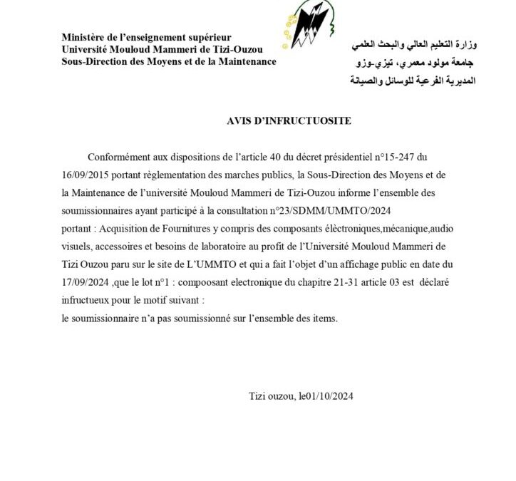Avis d’infructuosité consultation N°23/SDMM/UMMTO/2024 pour le chapitre 21-31 article 03