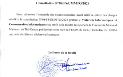 Avis d’infructuosité consultation N°08/FS/UMMTO/2024