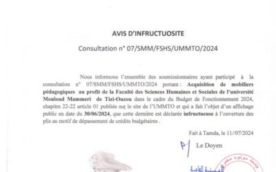 Avis d’infructuosité de la consultation n°07/SMM/FSHS/UMMTO/2024
