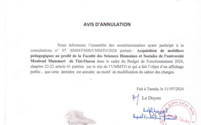 Avis d’annulation de la consultation N°07/SMM/FSHS/UMMTO/2024
