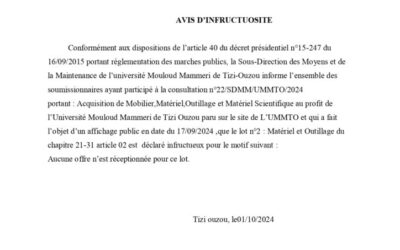 Avis d’infructuosité consultation N°22/SDMM/UMMTO/2024 pour le chapitre 21-31 article 02