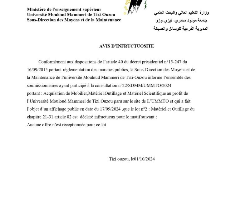 Avis d’infructuosité consultation N°22/SDMM/UMMTO/2024 pour le chapitre 21-31 article 02