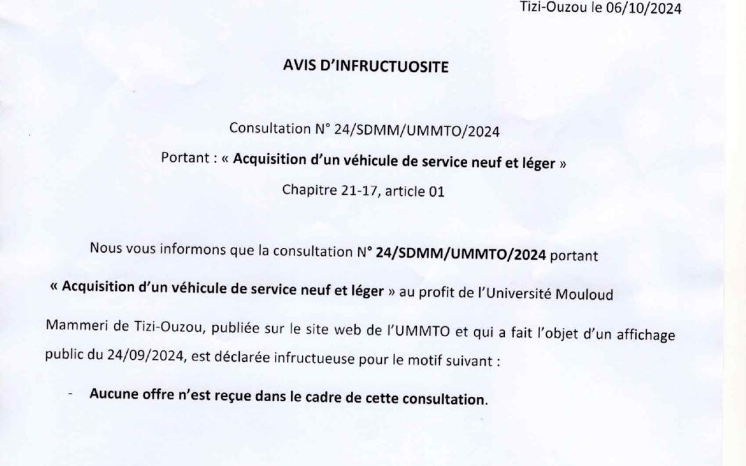 Avis d’infructuosité Consultation N 24/SDMM/UMMTO/2024