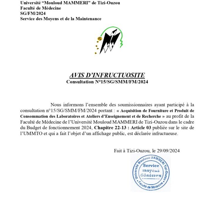 Avis d’infructuosite  consultation N°15/SG/SMM/FM/2024