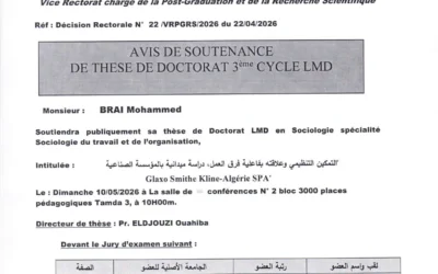 Avis de soutenance de thèse de doctorat LMD en Sociologie de Monsieur BRAI Mohammed