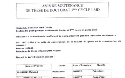 Avis de soutenance de thèse de doctorat  3ème cycle LMD Madame Ider Ourdia