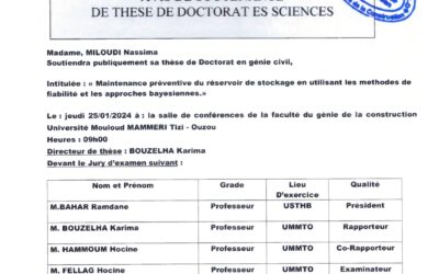 Avis de soutenance de thèse de  Doctorat en  Sciences   Madame Miloudi Nassima