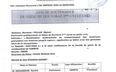 Avis de Soutenance de Thèse de Doctorat LMD de Mr FELLAH Djamel