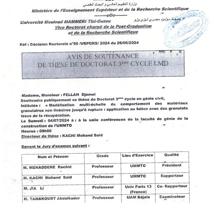 Avis de Soutenance de Thèse de Doctorat LMD de Mr FELLAH Djamel