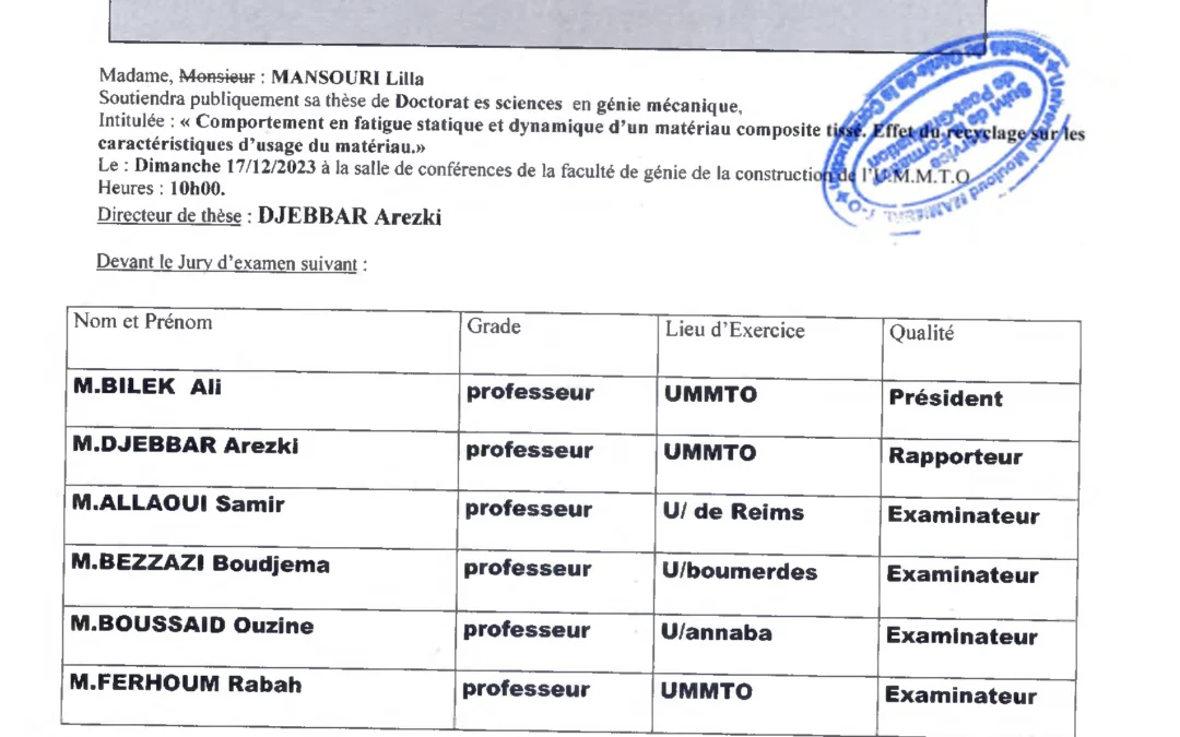 Avis de soutenance de thèse de doctorat es sciences de Mme MANSOURI Lilla