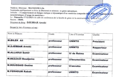 Avis de soutenance de thèse de doctorat es sciences de Mme MANSOURI Lilla