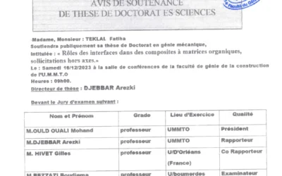 Avis de soutenance de thèse de doctorat es sciences de Mme Teklal Fatiha