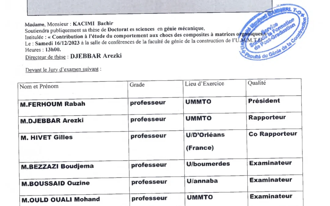 Avis de soutenance de thèse de doctorat es sciences de Mr KACIMI Bachir