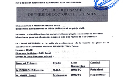 Avis de Soutenance de Thèse de Doctorat en Sciences de Madame HADJ ABDERRAHMANE Saida