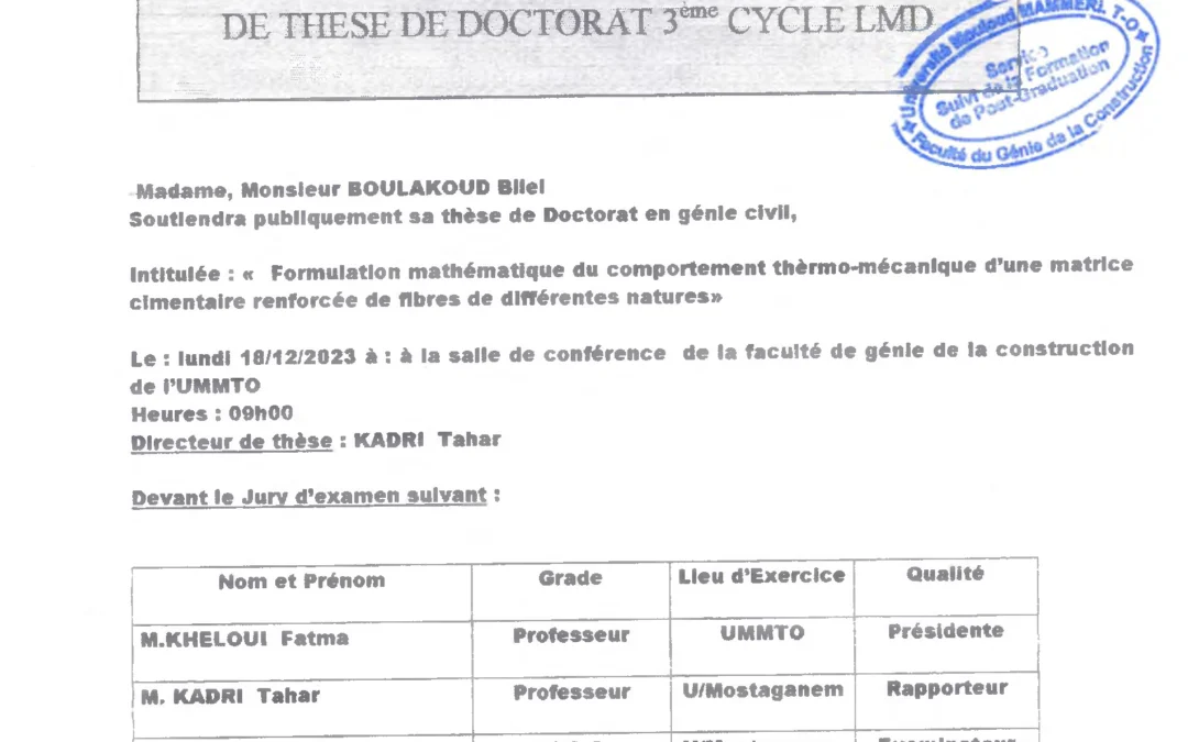 Avis de soutenance de thèse de doctorat LMD de Mr BOULAKOUD Billel
