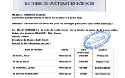 Avis de Soutenance de Thèse Doctorat en Sciences de Mme HERMIME Tassadit