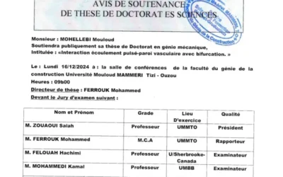 Avis de Soutenance de Thèse Doctorat en Sciences de Mr MOHELLEBI Mouloud