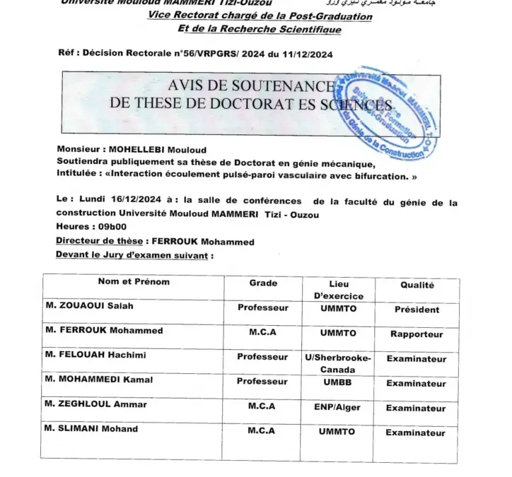 Avis de Soutenance de Thèse Doctorat en Sciences de Mr MOHELLEBI Mouloud