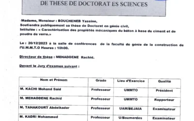 AVIS DE SOUTENANCE DE THESE DE DOCTORAT ES SCIENCES de Mr BOUCHENEB Yassine