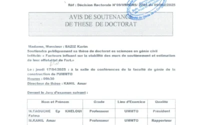 Avis de soutenance de thèse de doctorat en Génie Civil de M. BAZIZ Karim