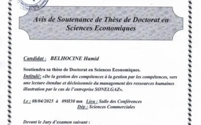 Avis de soutenance de thèse de doctorat en Sciences économiques de Mr BELHOCINE Hamid