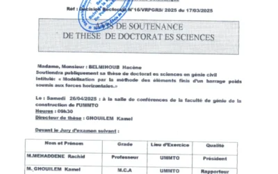 Avis de soutenance de thèse de doctorat en Génie Civil de M. BELMIHOUB Hacène