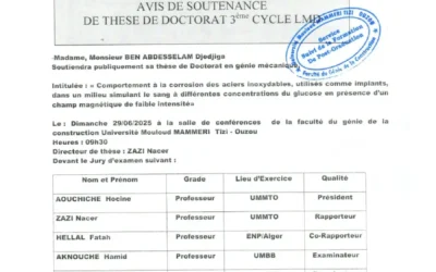 Avis de soutenance de thèse de doctorat LMD de Mme BEN ABDESLAM Djedjiga en Génie Mécanique