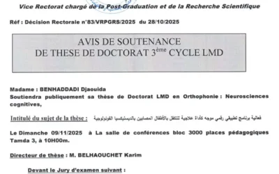 Avis de soutenance de thèse de doctorat LMD en Orthophonie de Madame BENHADDADI Djaouida