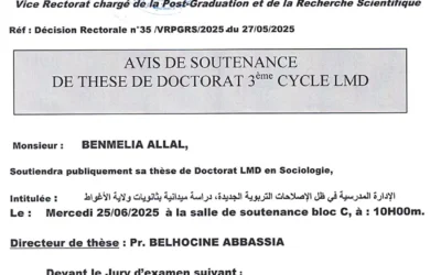 Avis de Soutenance de thèse de doctorat LMD en Sociologie de M. BENMELIA Allal